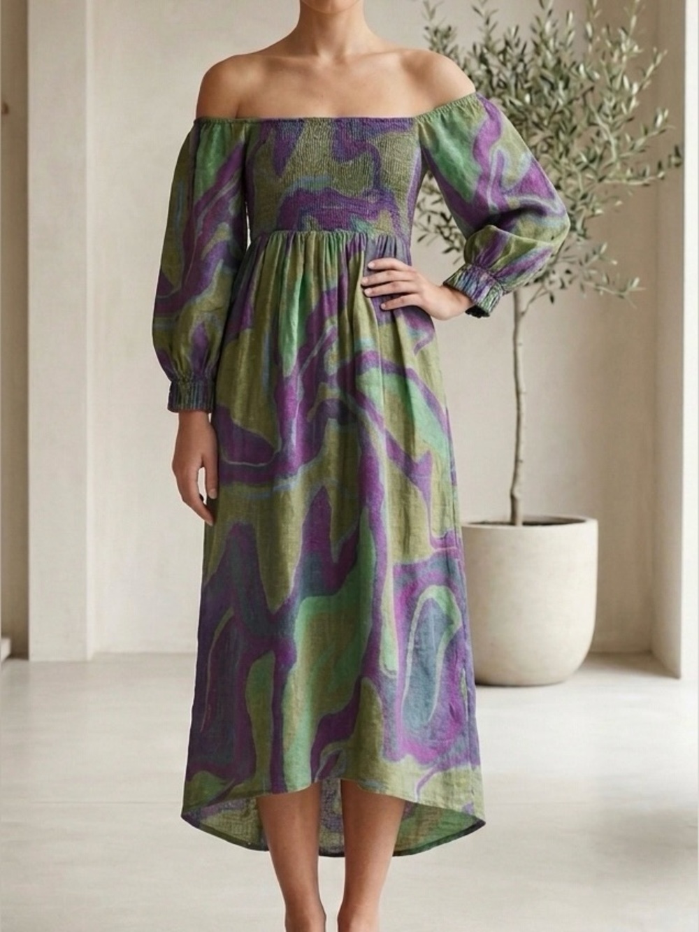 Anthropologie Conditions Apply Riyana Midi Dress Smocked Puff Sleeve Size M Boho